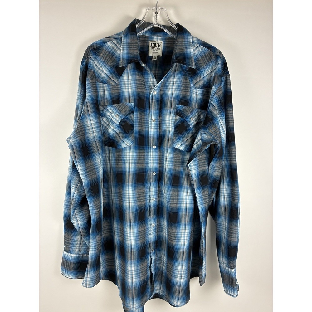 Ely Cattleman Men XXLT Turquoise Plaid Pearl Snap Western Shirt Long Sleeve